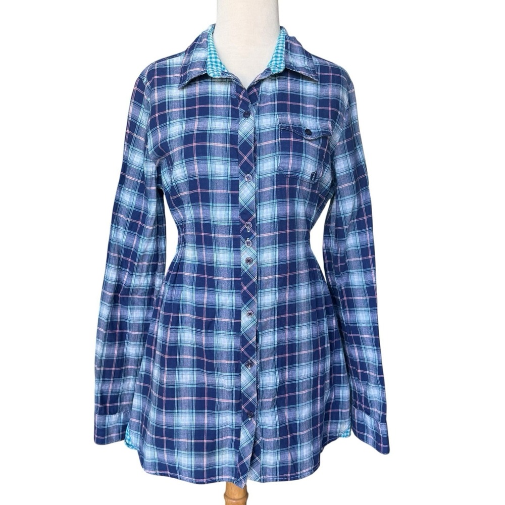 Hang Ten Women's L Plaid Button Down Roll Tab Shirt Surf Casual Y2K NOT Vintage